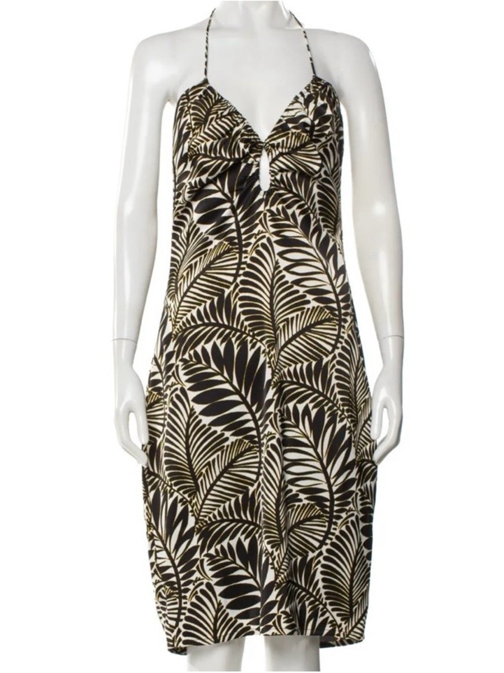 Christian Lacroix Halter Neck Midi Dress Tropical Palm Print Ruched Front XS